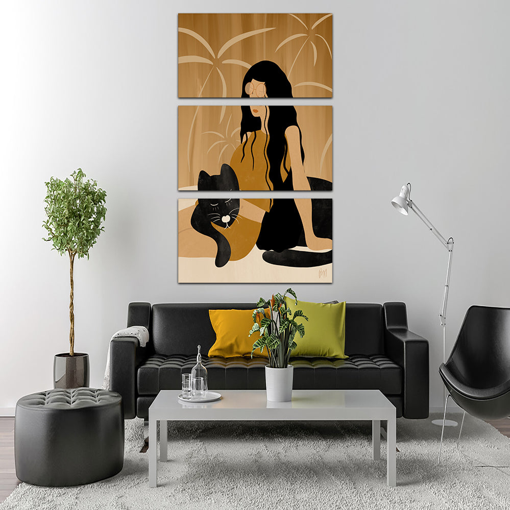 Girl and Wild Black Cat Wall Art