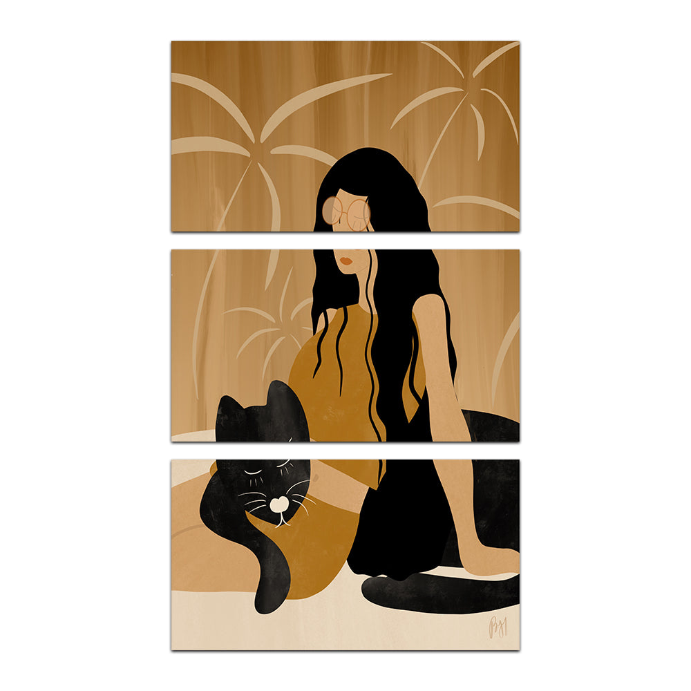 Girl and Wild Black Cat Wall Art