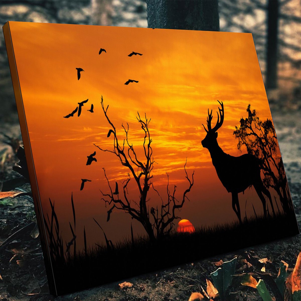 deer stag elk tree sunset painting photo landscape art CANVAS