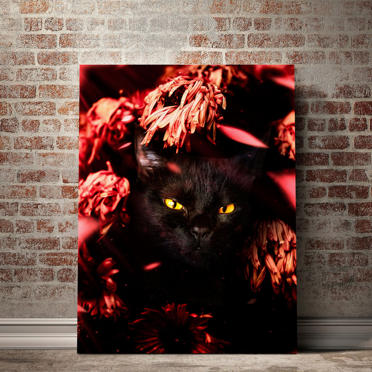 Cat Black Petals Wall Art
