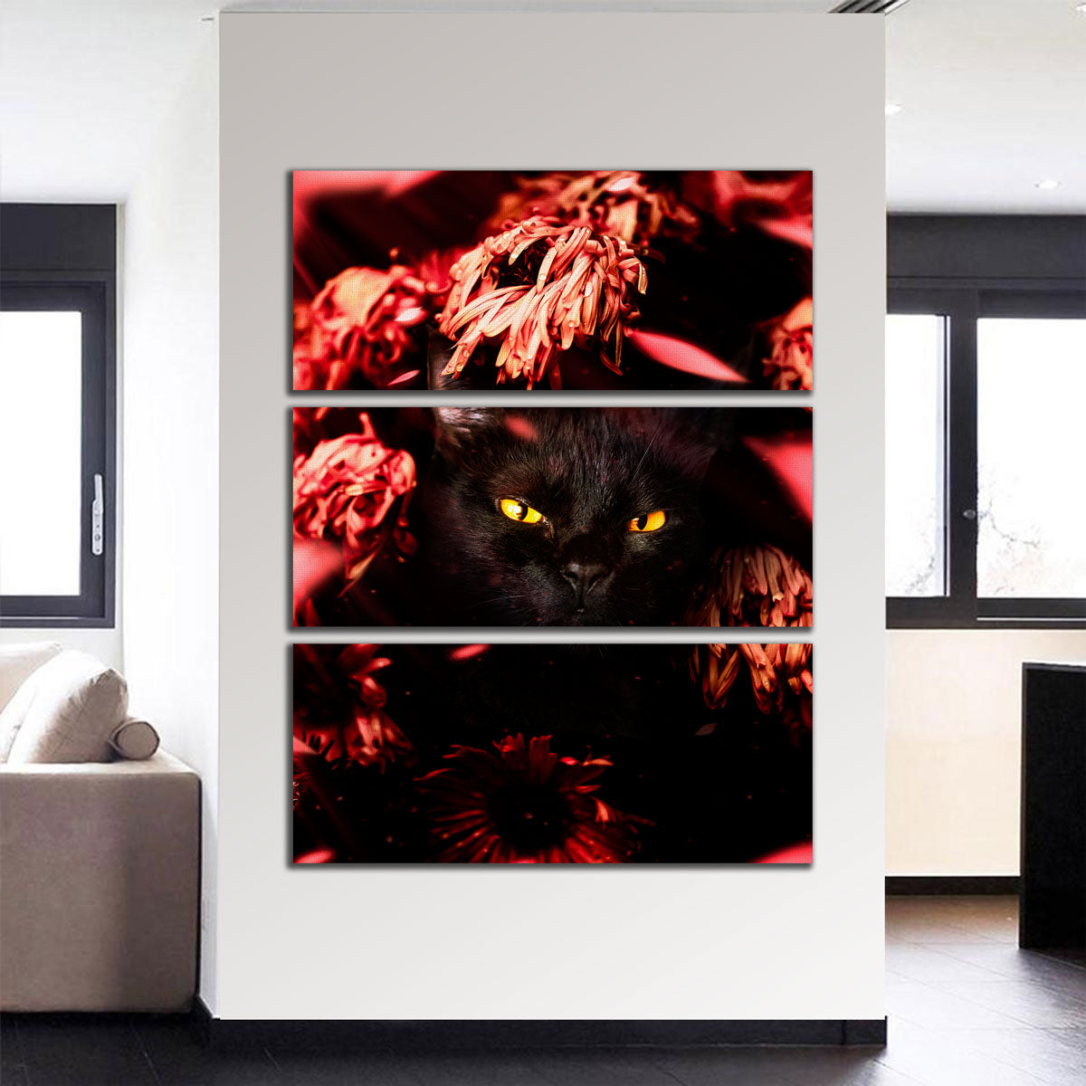 Cat Black Petals Wall Art