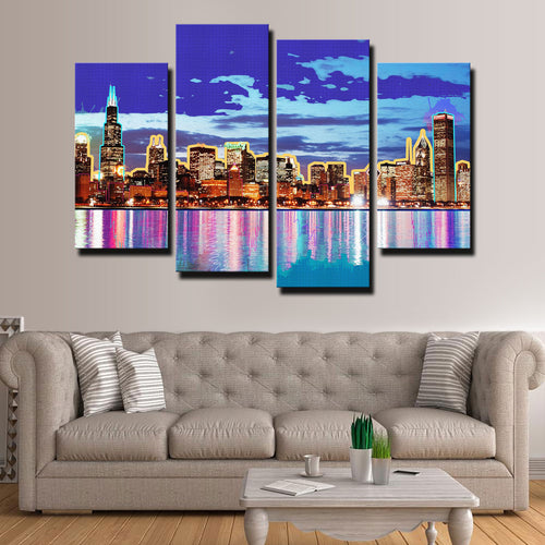 Neon Chicago Skyline Canvas Set