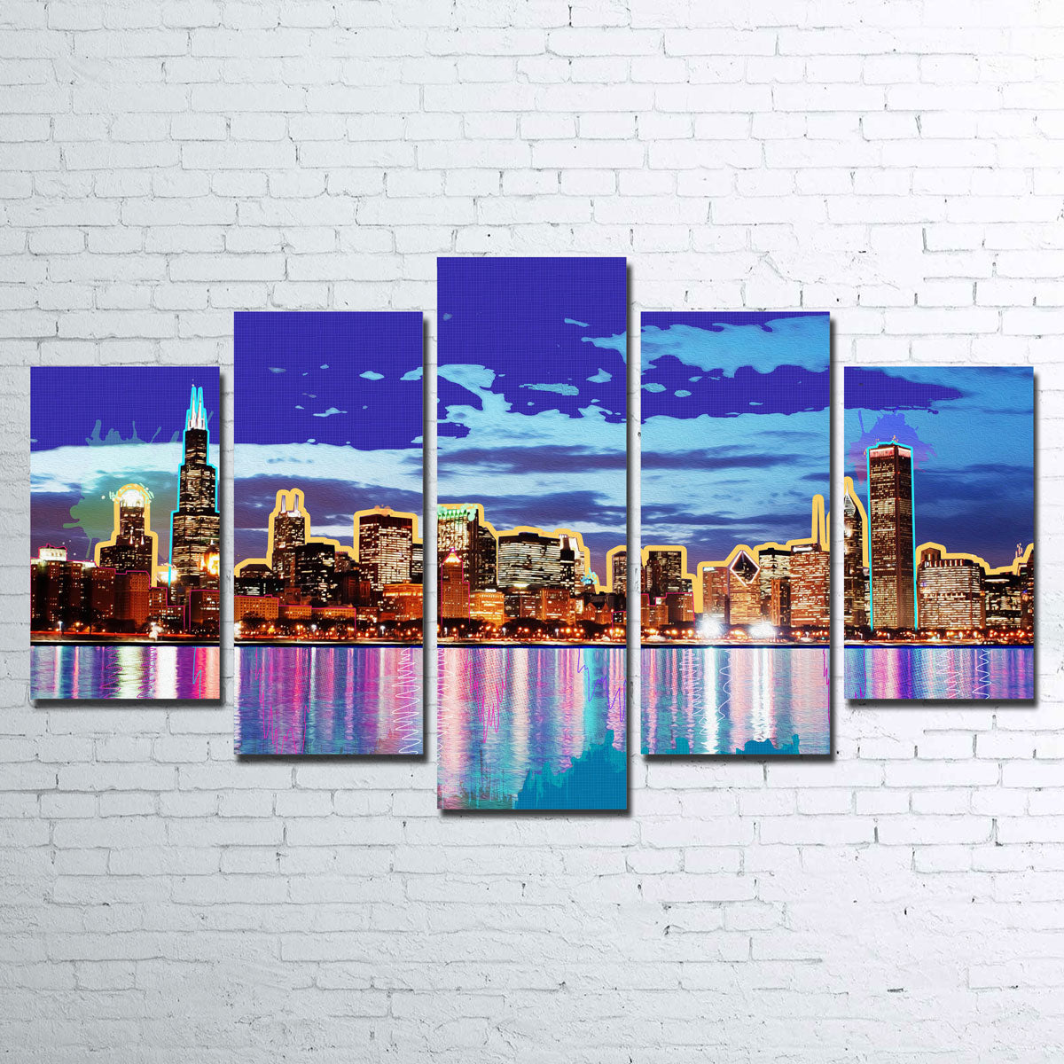 Neon Chicago Skyline Canvas Set